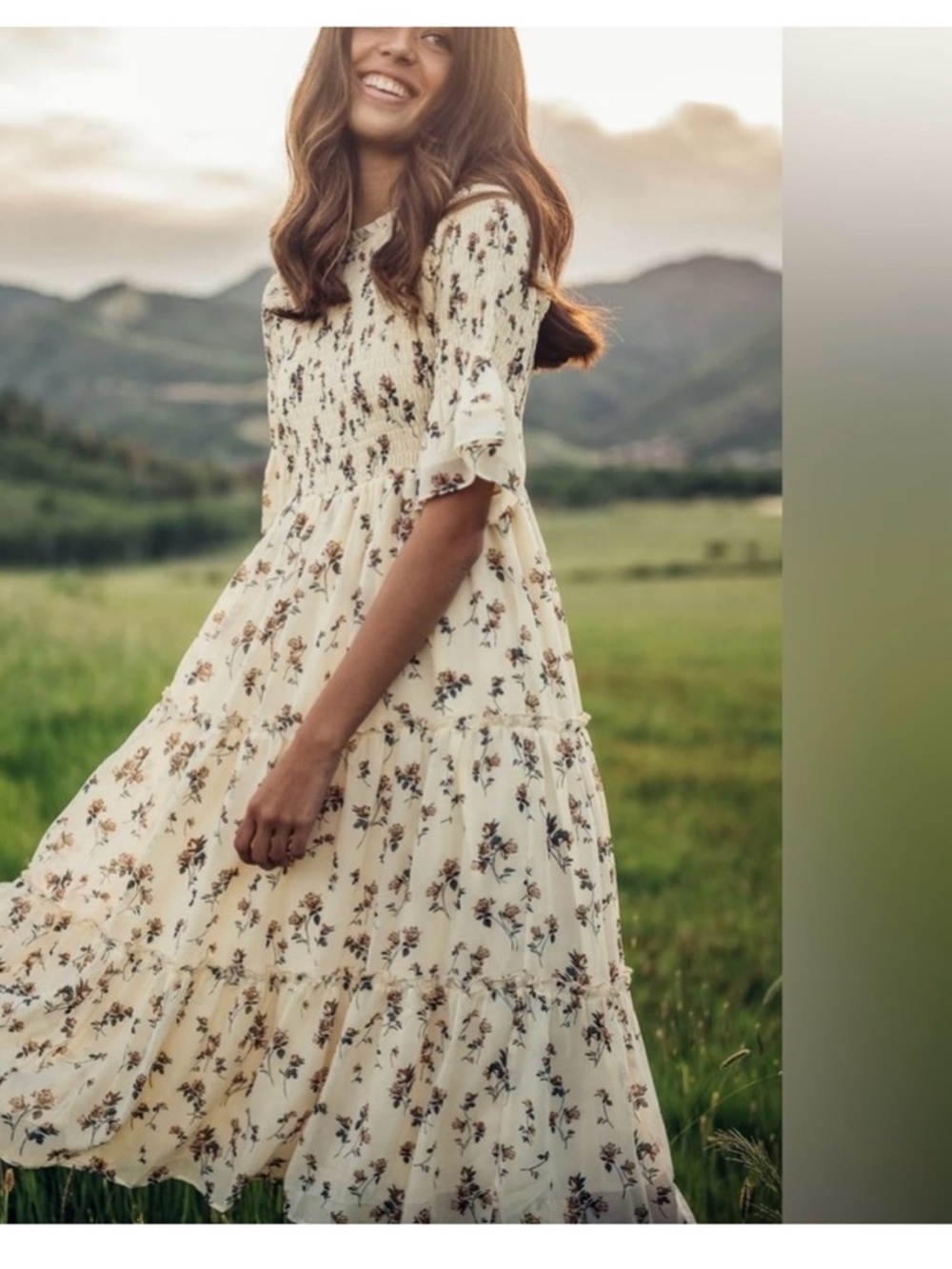 Jessakae Cream Floral Tiered Midi Dress - Women's Smocked Waist